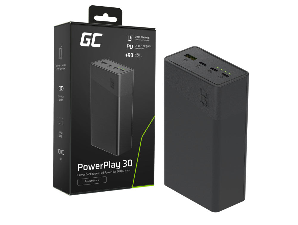 Greencell PowerPlay 30 - varavirtalähde 30 000 mAh, 22,5 W, 4 porttia