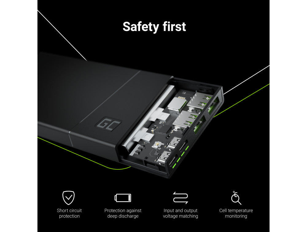 Green Cell 10000mAh Varavirtalähde, USB-C + 2 x USB-A